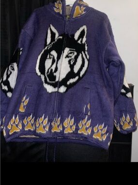 Tejidos Ruminahui Vintage Hooded Purple/Black Jacket Wool Wolf Print NWOT